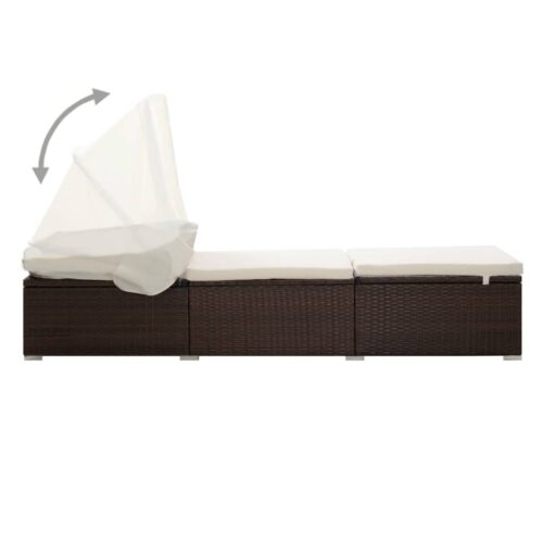 Sun Lounger with Canopy Cushion Poly Rattan Brown - Image 4