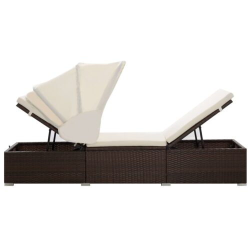 Sun Lounger with Canopy Cushion Poly Rattan Brown - Image 5