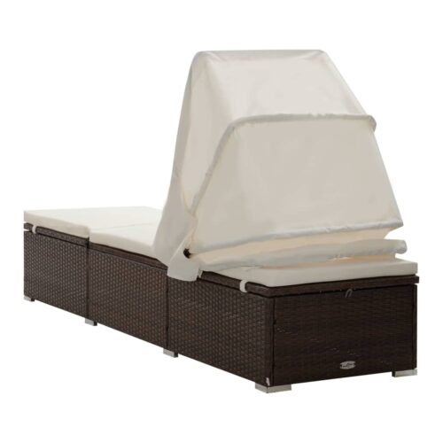 Sun Lounger with Canopy Cushion Poly Rattan Brown - Image 6