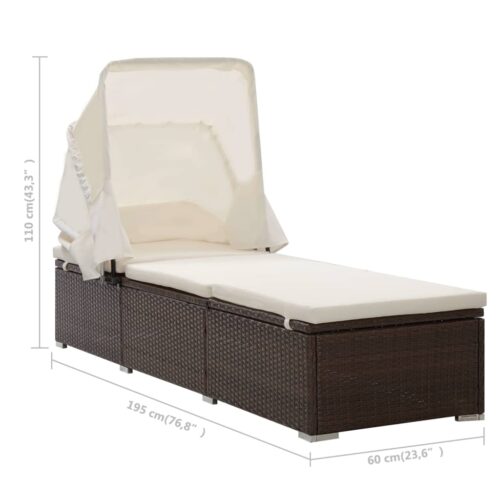 Sun Lounger with Canopy Cushion Poly Rattan Brown - Image 8