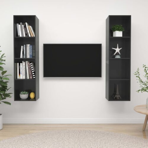 Wall-mounted TV Cabinets 2pcs High Gloss Grey Engineered Wood
