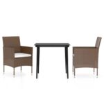 3-Piece Garden Dining Set with Cushions Brown Black