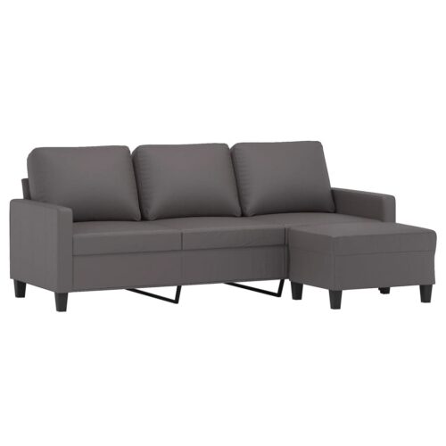 3-Seater Sofa Ottoman Set Lounge Couch Futon Foot Stool Faux Leather Grey 180cm - Image 3