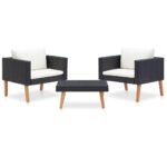 3-Piece Garden Lounge Set with Cushions Poly Rattan Wicker Outdoor Patio Furniture Black