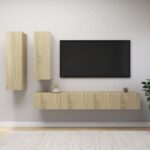 4-Piece Set Wooden TV Cabinet Entertainment Unit Stand Storage Shelf Table Oak