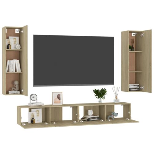 4-Piece Set Wooden TV Cabinet Entertainment Unit Stand Storage Shelf Table Oak - Image 3