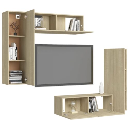 4-Piece Set Wooden TV Cabinet Entertainment Unit Stand Storage Shelf Table Oak - Image 3