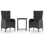 3-Piece Garden Bistro Set Poly Rattan Wicker Outdoor Patio Furniture Glass Black