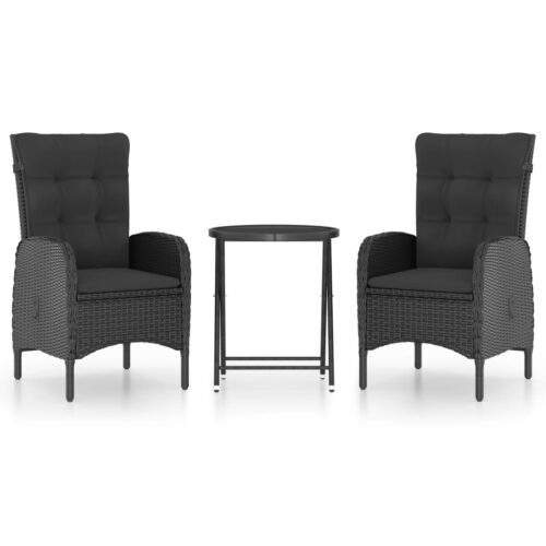 3-Piece Garden Bistro Set Poly Rattan Wicker Outdoor Patio Furniture Glass Black