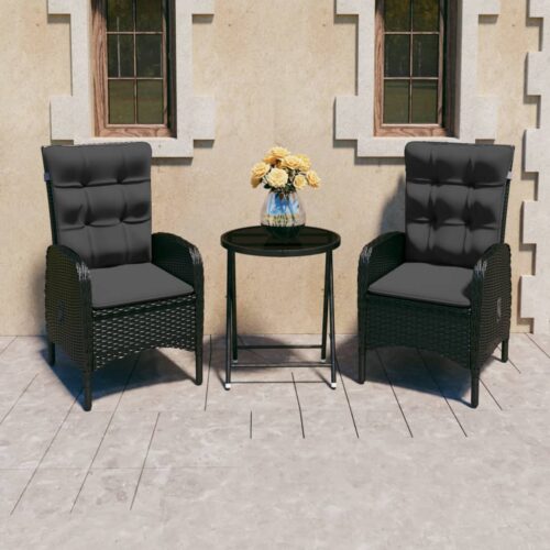 3-Piece Garden Bistro Set Poly Rattan Wicker Outdoor Patio Furniture Glass Black - Image 12