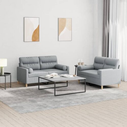 2pcs Sofa Set with Throw Cushions 4-Seater Lounge Couch Futon Fabric Light Grey - Image 10