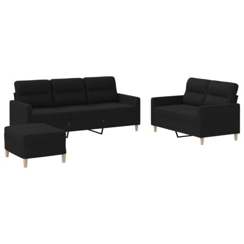 3pcs Sofa Set with Cushions Ottoman Stool 5-Seater Lounge Couch Fabric Black - Image 2