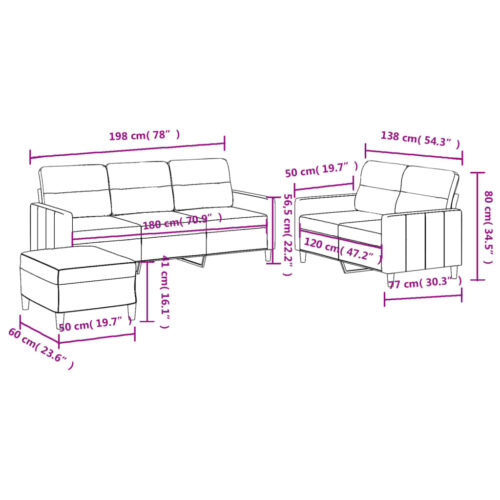 3pcs Sofa Set with Cushions Ottoman Stool 5-Seater Lounge Couch Fabric Black - Image 9