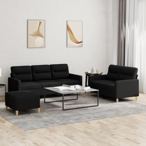 3pcs Sofa Set with Cushions Ottoman Stool 5-Seater Lounge Couch Fabric Black - Image 10