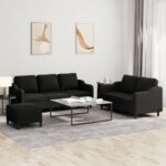 3pcs Sofa Set with Cushions Ottoman Stool 5-Seater Lounge Couch Fabric Black