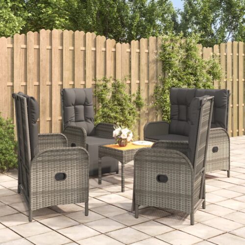 5-Piece Garden Dining Set with Cushions Grey Poly Rattan Wicker Outdoor Patio Furniture - Image 12