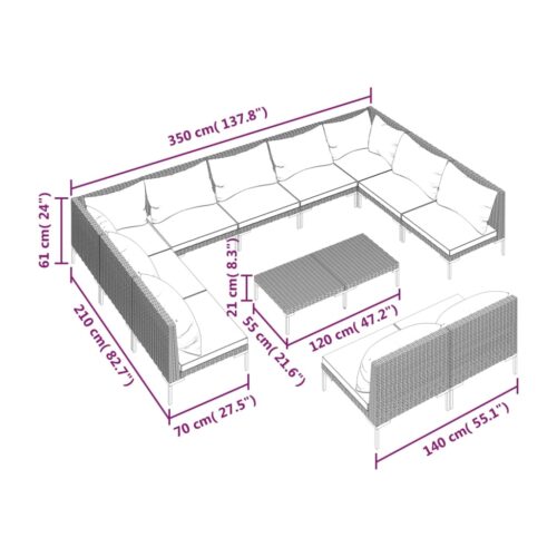 12-Piece Garden Lounge Set with Cushions Poly Rattan Wicker Outdoor Patio Furniture Dark Grey - Image 9