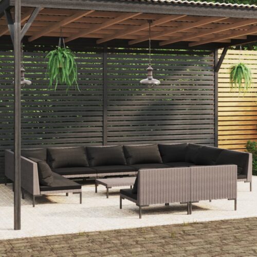 12-Piece Garden Lounge Set with Cushions Poly Rattan Wicker Outdoor Patio Furniture Dark Grey - Image 12