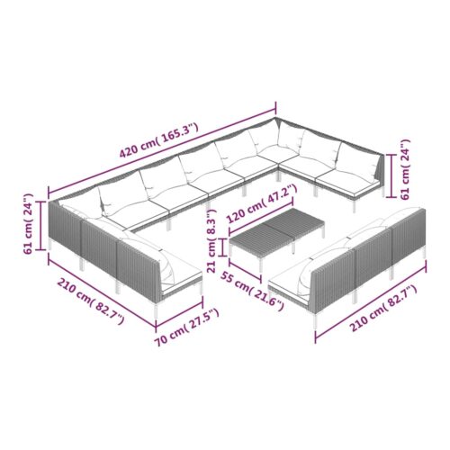 14-Piece Garden Lounge Set with Cushions Poly Rattan Wicker Outdoor Patio Furniture Dark Grey - Image 9
