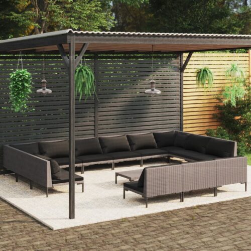 14-Piece Garden Lounge Set with Cushions Poly Rattan Wicker Outdoor Patio Furniture Dark Grey - Image 12