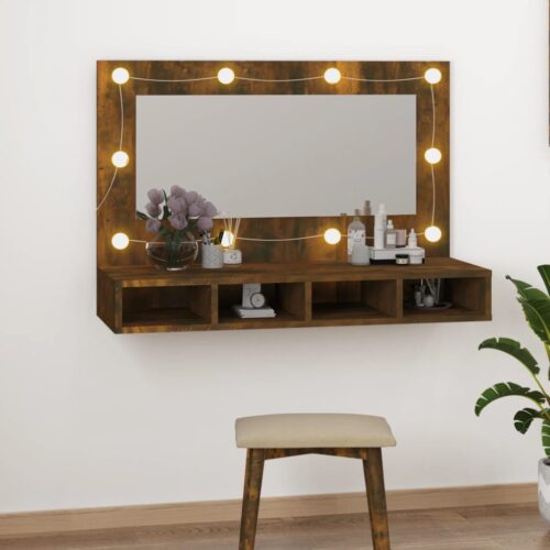 LED Lights Mirror Cabinet Makeup Vanity Storage Shelf Smoked Oak 90x31.5x62cm - Image 12