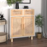 Sideboard White 60x30x75cm Solid Wood Pine Natural Rattan