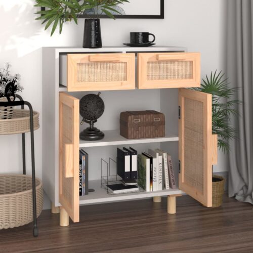 Sideboard White 60x30x75cm Solid Wood Pine Natural Rattan - Image 3