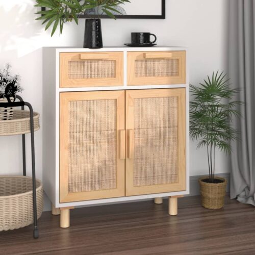Sideboard White 60x30x75cm Solid Wood Pine Natural Rattan - Image 10
