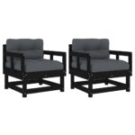 Garden Chairs with Cushions 2pcs Black Solid Wood Pine