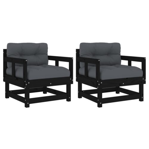 Garden Chairs with Cushions 2pcs Black Solid Wood Pine