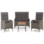 4-Piece Garden Dining Set with Cushions Grey Poly Rattan Wicker Outdoor Patio Furniture