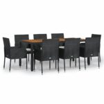 9-Piece Garden Dining Set with Cushions Black Poly Rattan Wicker Outdoor Patio Furniture