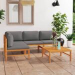 5-Piece Garden Lounge Set with Grey Cushions Acacia Wood Timber Outdoor Patio Furniture