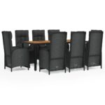 9-Piece Garden Dining Set with Cushions Black Poly Rattan Wicker Outdoor Patio Furniture