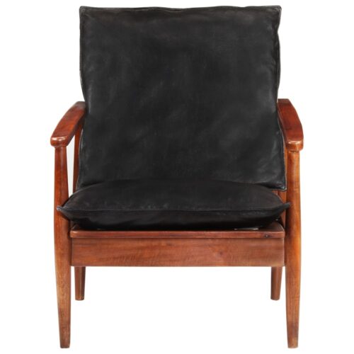 Armchair Black Real Leather Solid Wood Acacia - Image 2
