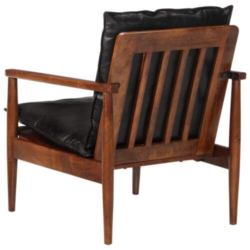 Armchair Black Real Leather Solid Wood Acacia - Image 4