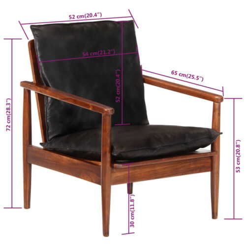 Armchair Black Real Leather Solid Wood Acacia - Image 7