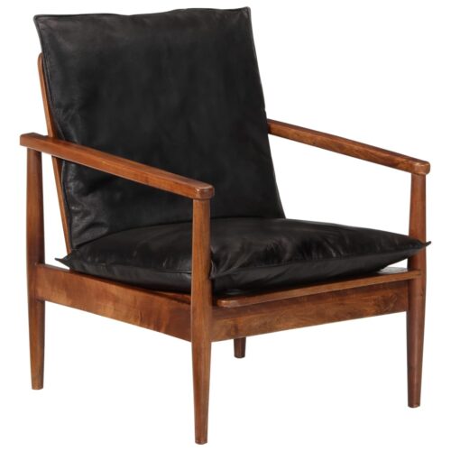 Armchair Black Real Leather Solid Wood Acacia - Image 8