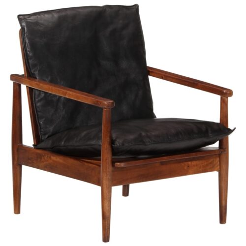 Armchair Black Real Leather Solid Wood Acacia - Image 9