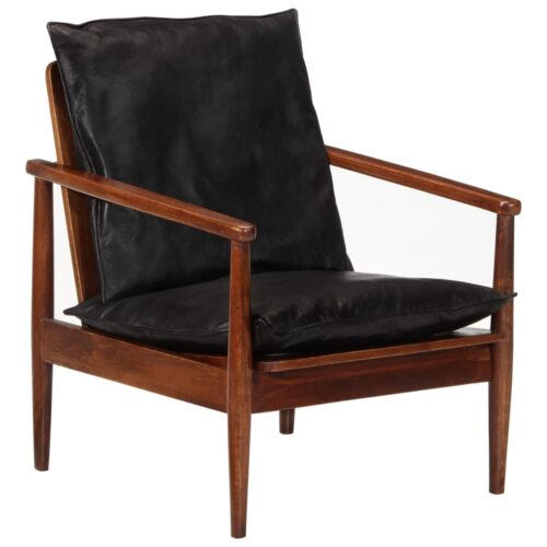 Armchair Black Real Leather Solid Wood Acacia - Image 10