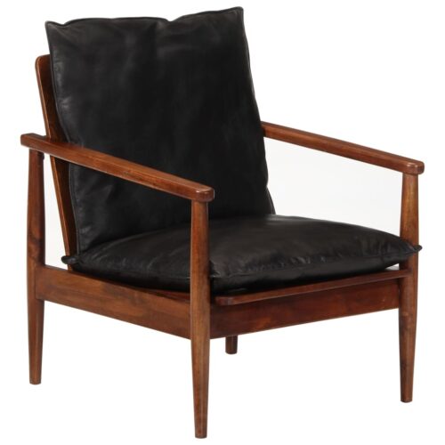 Armchair Black Real Leather Solid Wood Acacia - Image 11