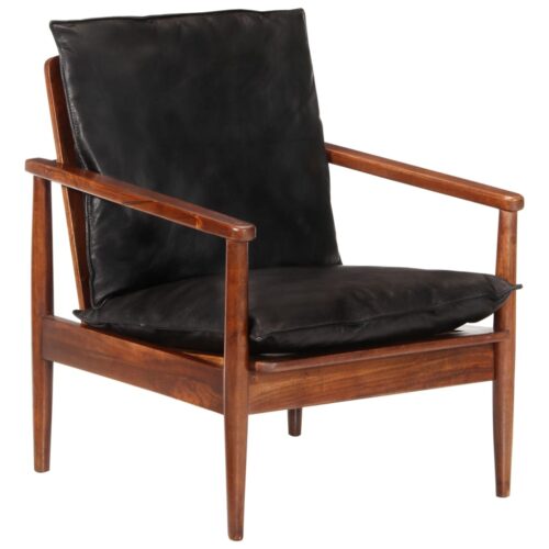 Armchair Black Real Leather Solid Wood Acacia - Image 12