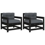 Garden Chairs with Cushions 2pcs Black Solid Wood Pine