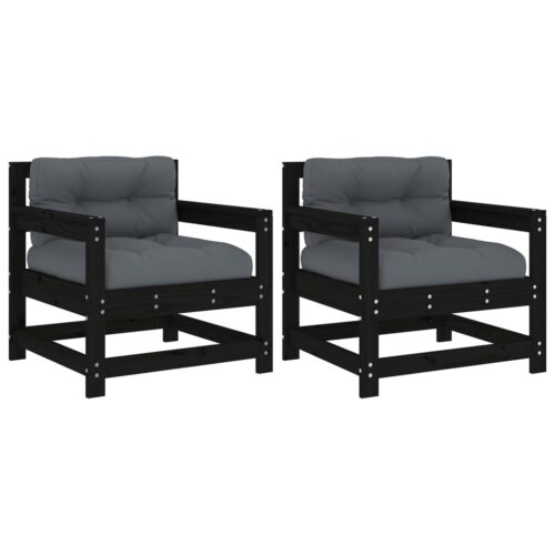 Garden Chairs with Cushions 2pcs Black Solid Wood Pine