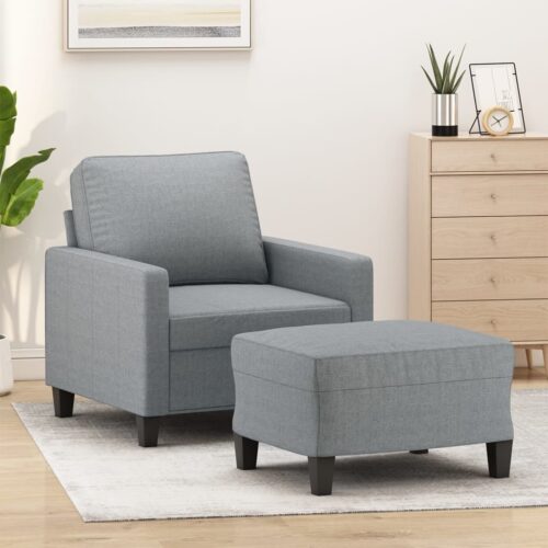 Fabric Sofa Chair with Footstool Lounge Couch Ottoman Stool Armchair Light Grey - Image 8