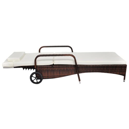 Sun Lounger with Cushion Wheels Poly Rattan Brown - Image 2