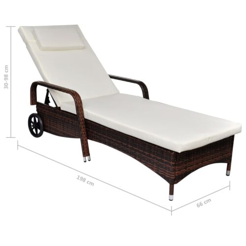 Sun Lounger with Cushion Wheels Poly Rattan Brown - Image 3