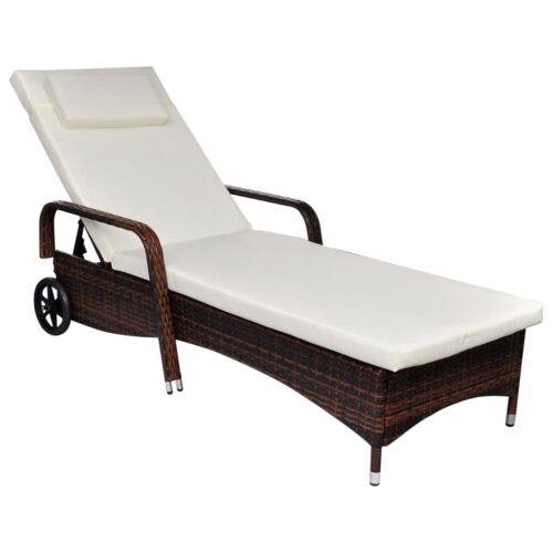 Sun Lounger with Cushion Wheels Poly Rattan Brown - Image 4