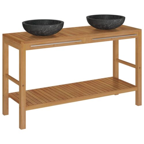 Bathroom Vanity Cabinet Solid Wood Teak with Sinks Marble Black - Image 2