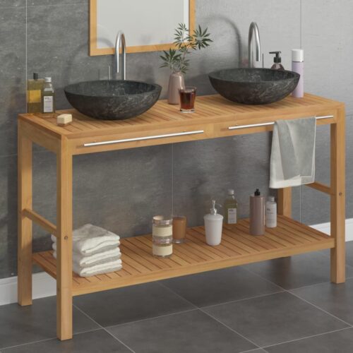 Bathroom Vanity Cabinet Solid Wood Teak with Sinks Marble Black - Image 12